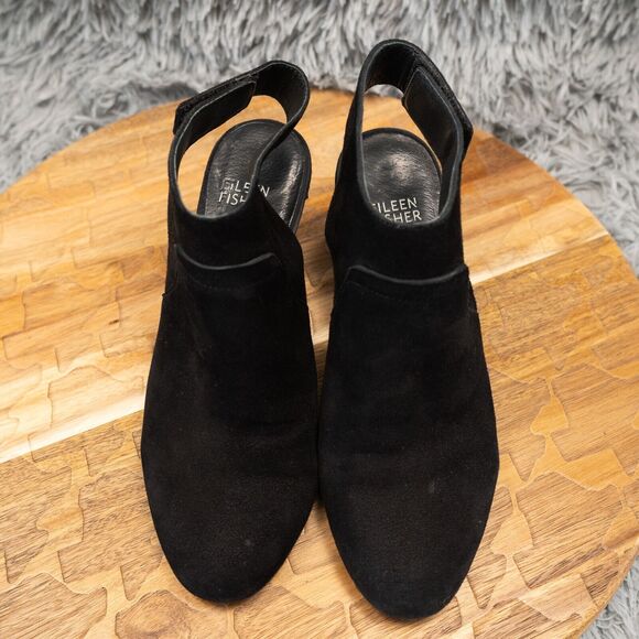 Eileen Fisher Slingback Heels Round Toe Black Suede Block Size 6 - Picture 3 of 8